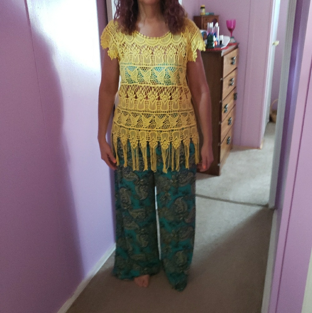 1 outfit  yellow knit top, blueish green palazzo p